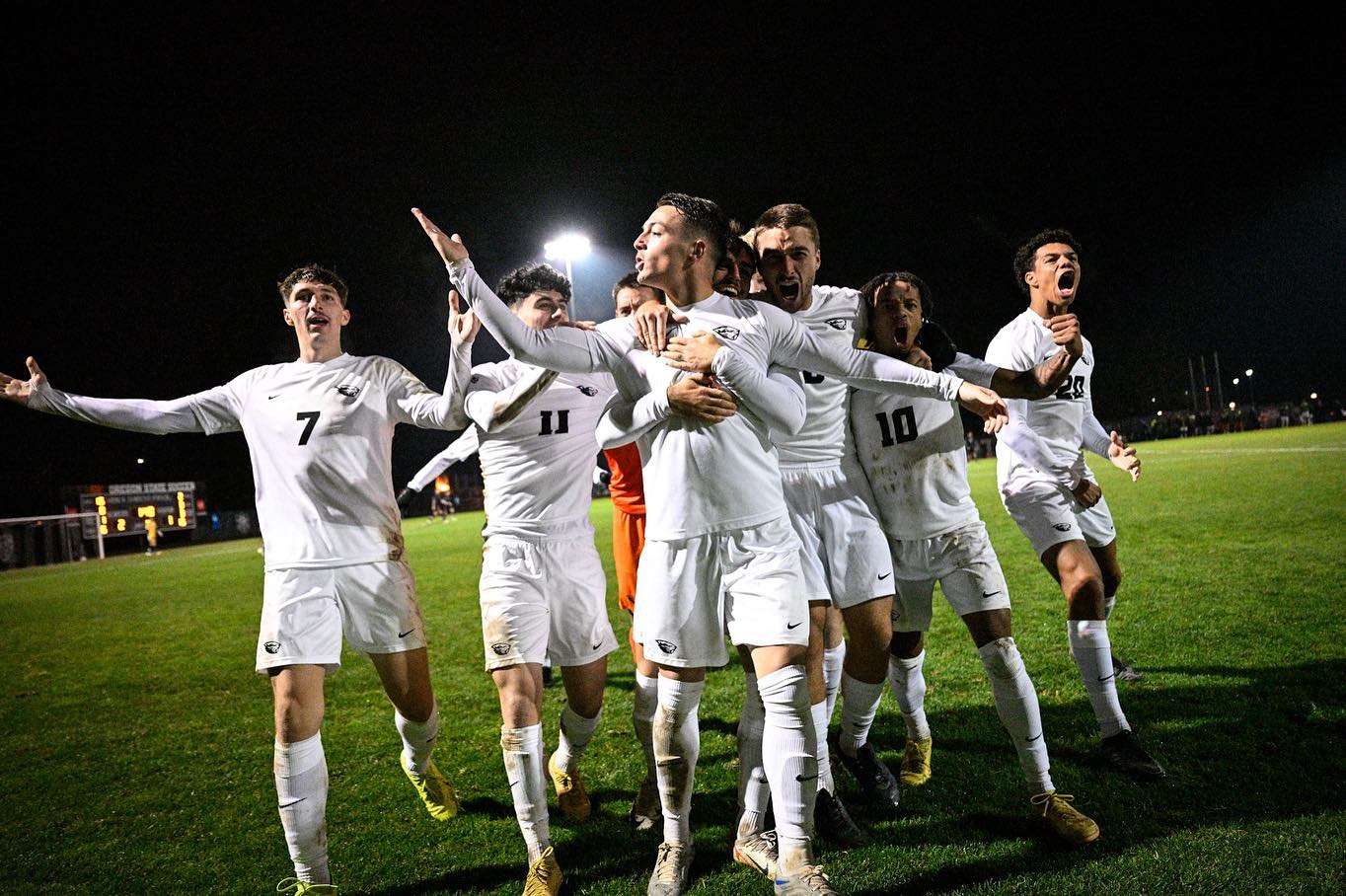 Fran Cortijo celebrating a goal with Oregon State University MSOC